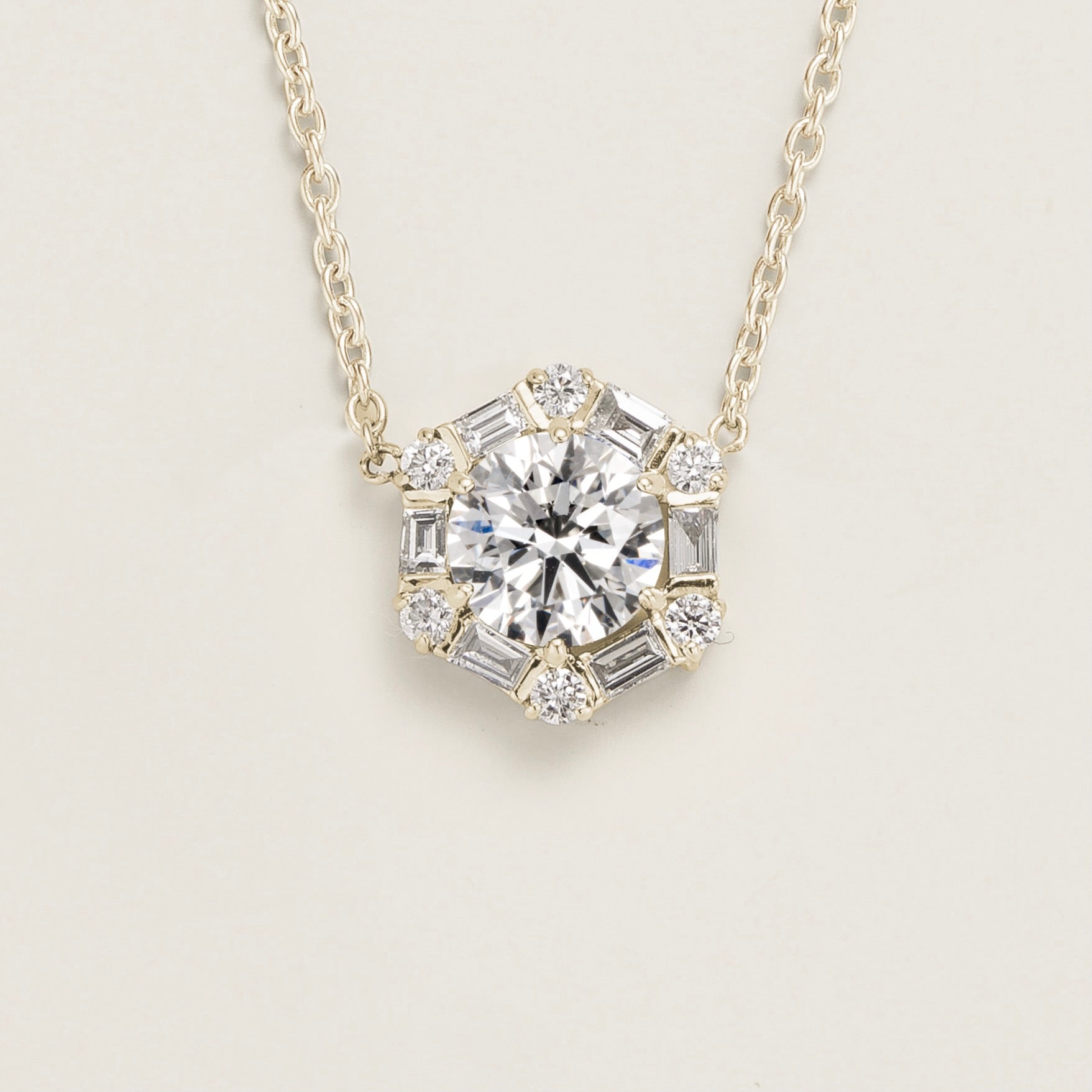 Melba Diamond Halo Hexagon Pendant Necklace In White Gold