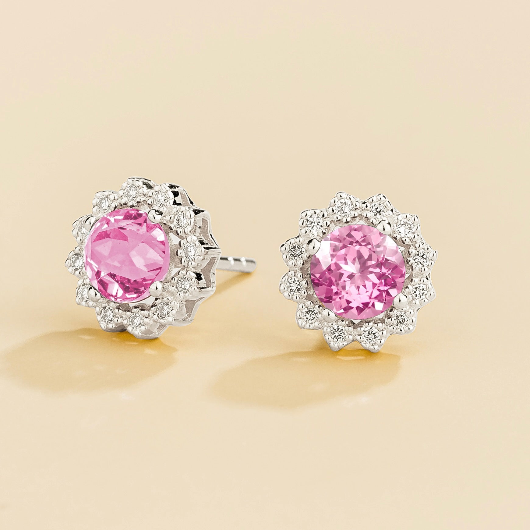 Solen Pastel Pink Sapphire Round & Diamond Halo Stud Earrings in White Gold