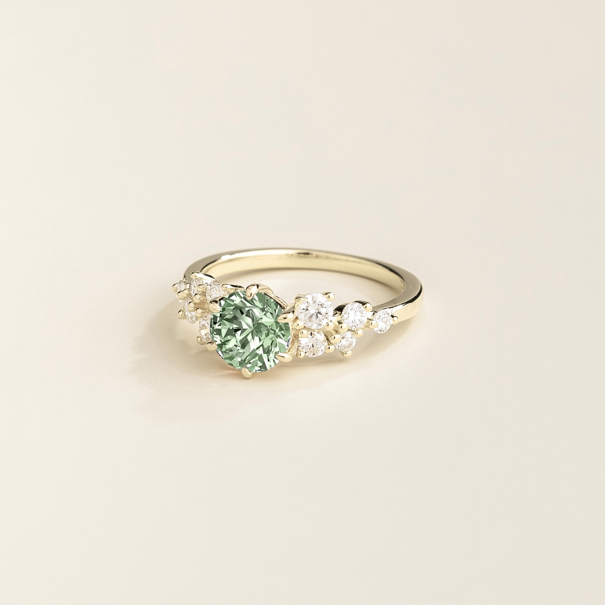 Floret Green Sapphire Round & Diamond Cluster Ring in White Gold