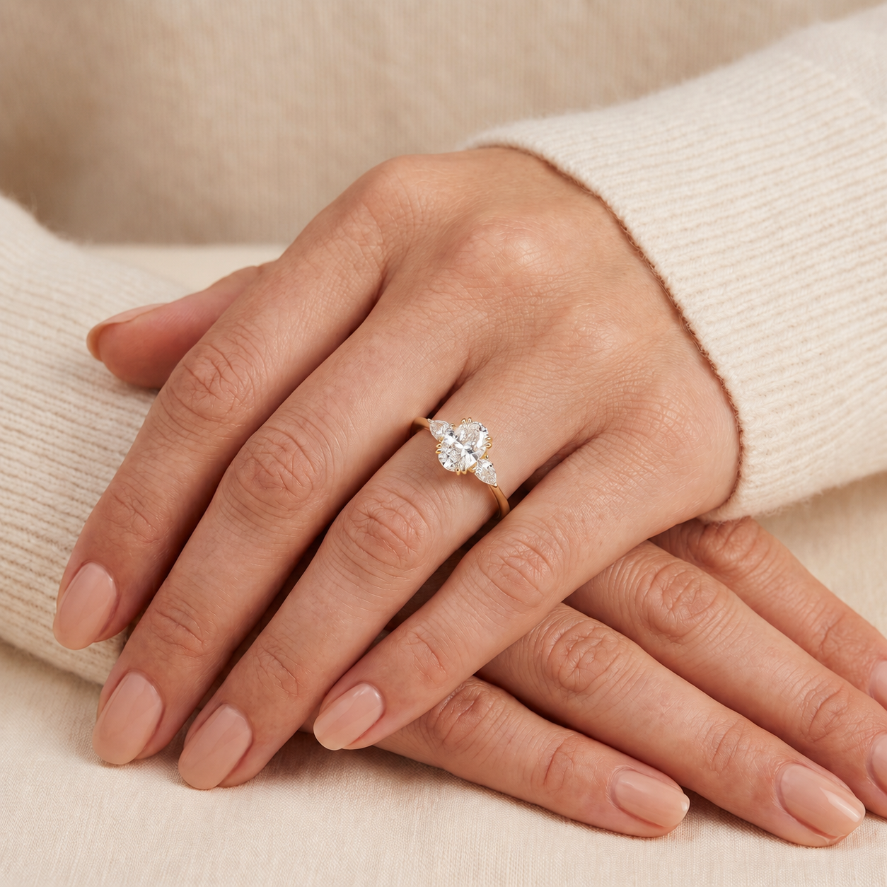 Isra Diamond Oval Cut & Pear Cut Gold Ring