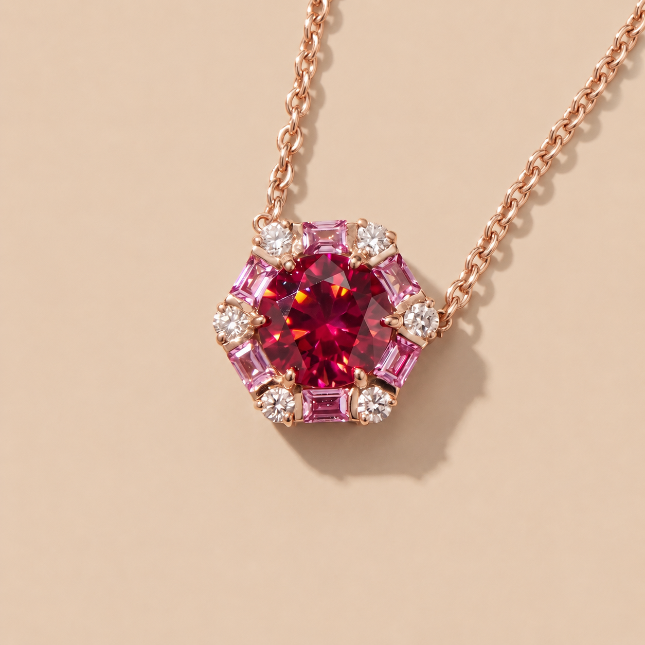 Hexagon halo lab-grown ruby, pink sapphire and diamond pendant necklace, Melba design in rose gold | Juvetti London