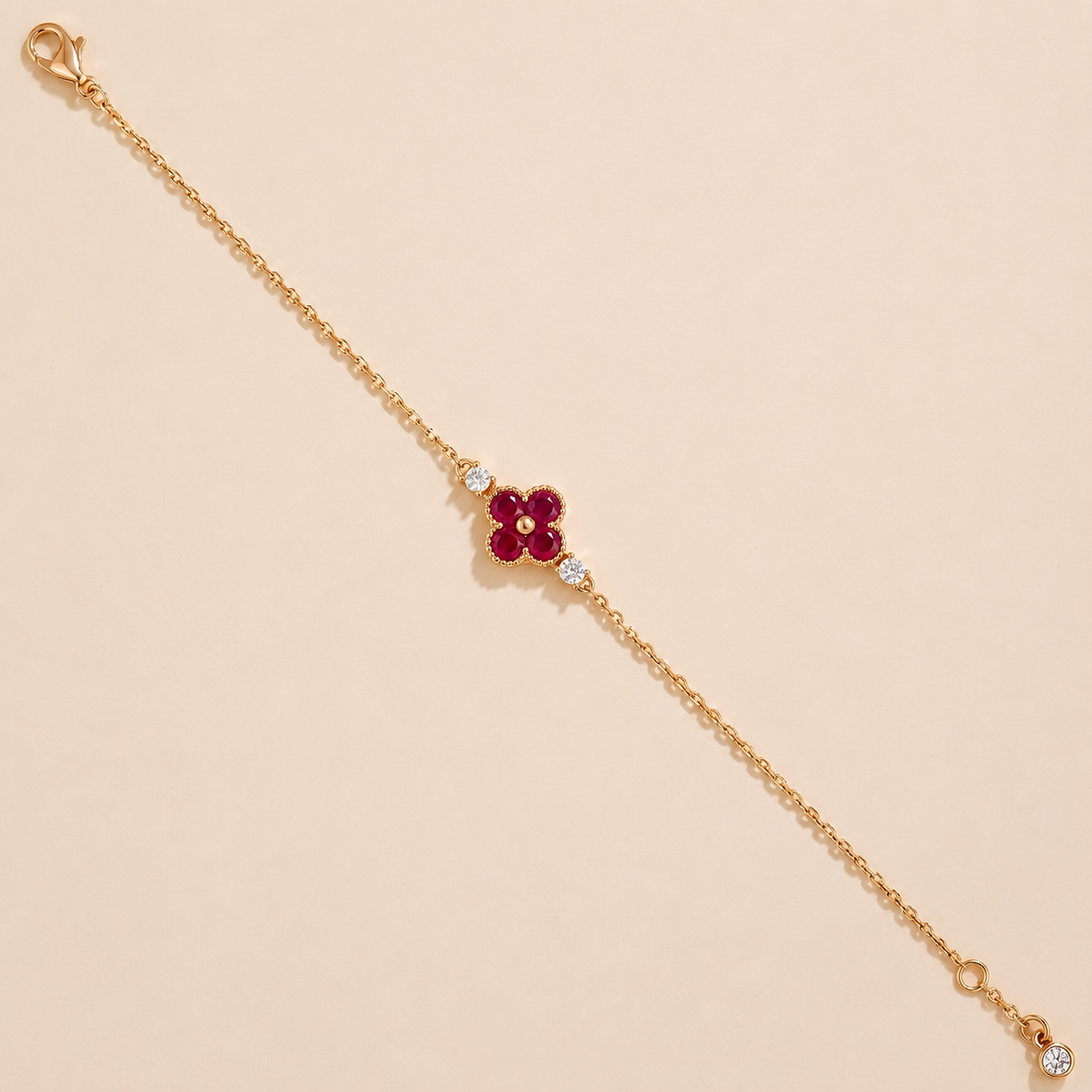 Ruby and Diamond Four-Leaf Clover Chain Bracelet in Gold
