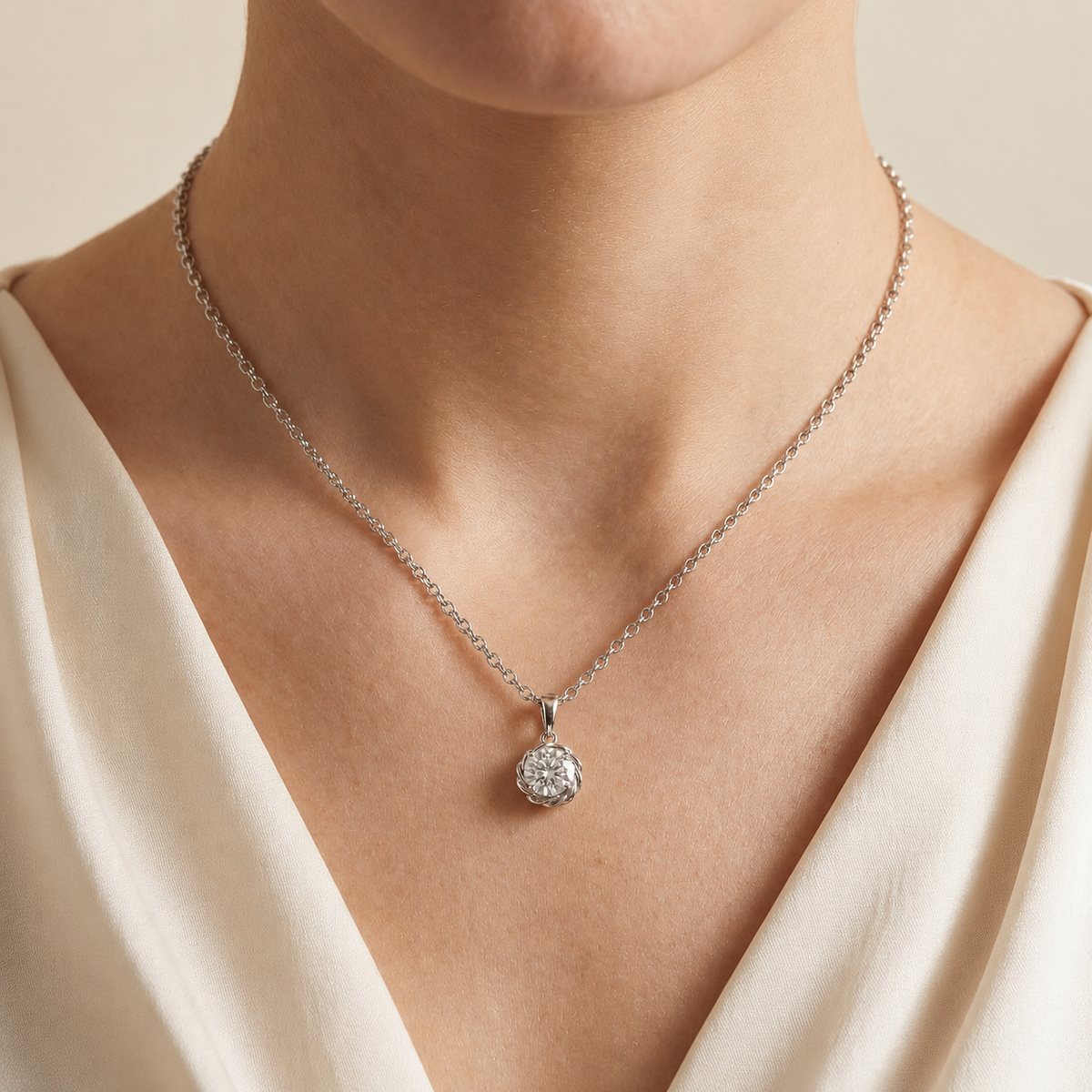A model is wearing Tonn Diamond Round Rope Setting Solitaire White Gold Necklace