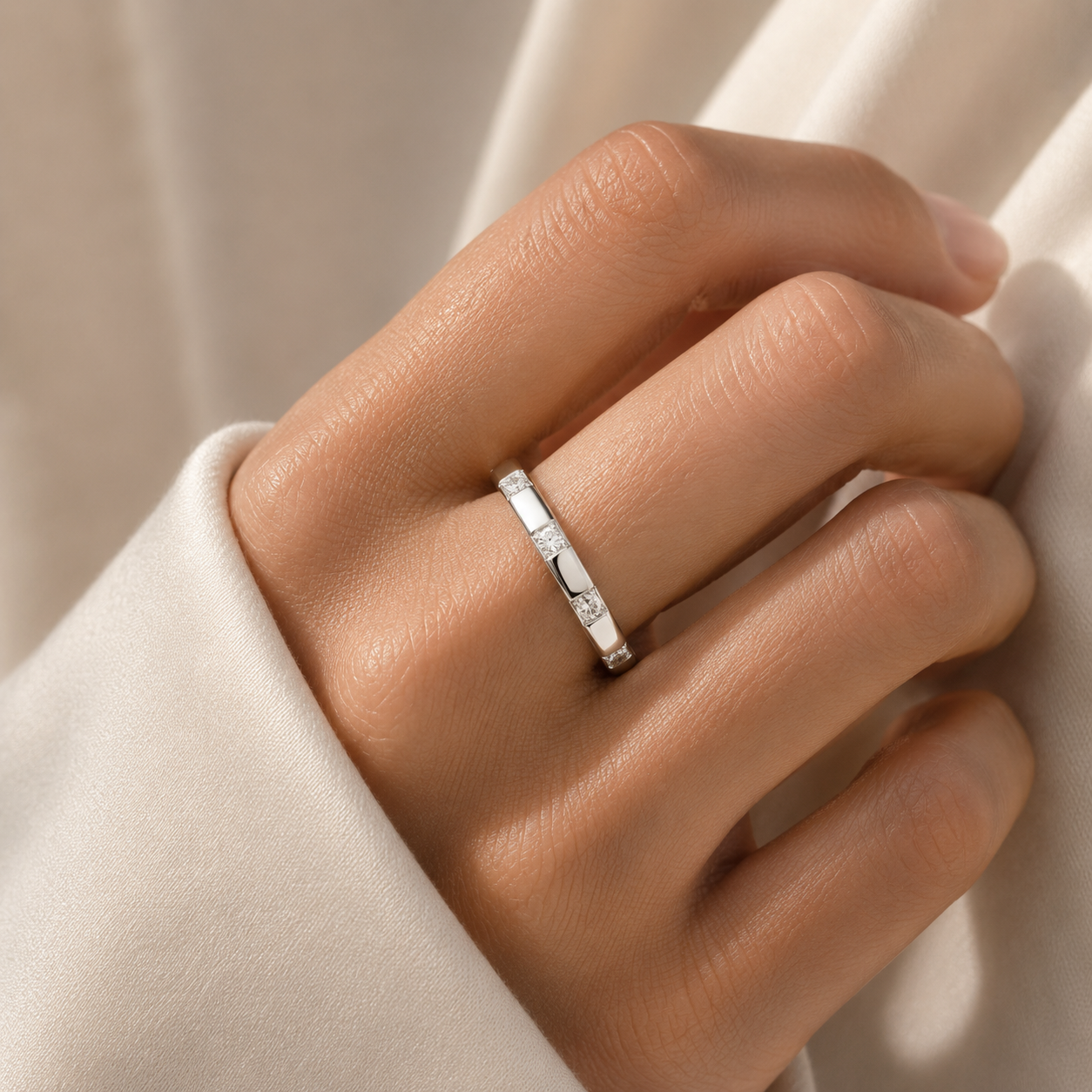 Balans Diamond Station Band Ring in White Gold