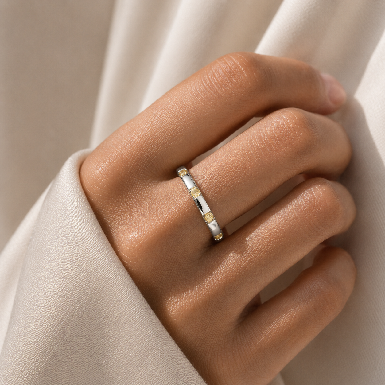 Balans Yellow Sapphire Station Band Ring in White Gold