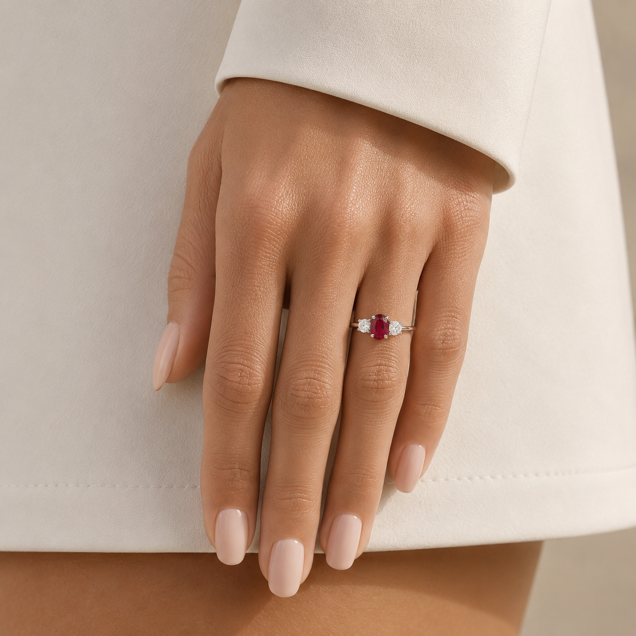 Boble Ruby Oval & Diamond Three-Stone Ring in White Gold