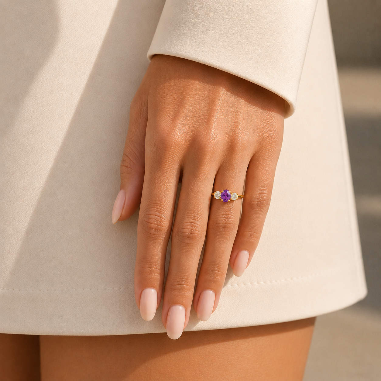 Boble Purple Sapphire Oval & Diamond Three-Stone Ring in Gold