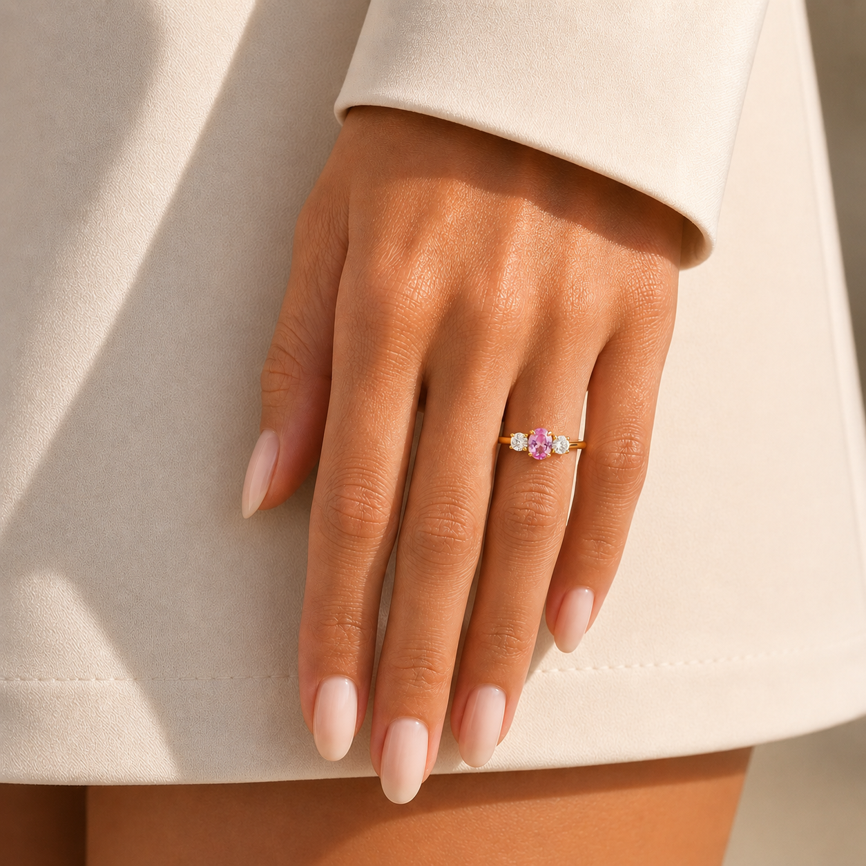 Boble Pink Sapphire Oval & Diamond Three-Stone Ring in Gold