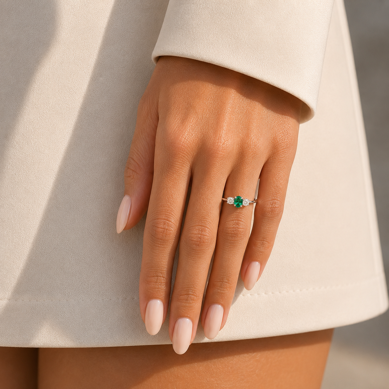 Boble Emerald Oval & Diamond Three-Stone Ring in White Gold