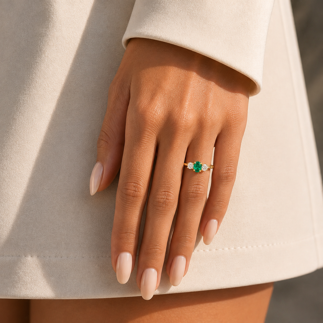 Boble Emerald Oval & Diamond Three-Stone Ring in Gold