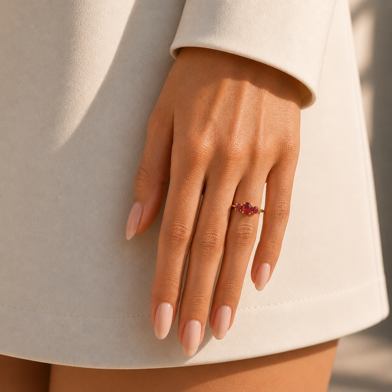Boble Ruby Oval Three-Stone Ring in Gold