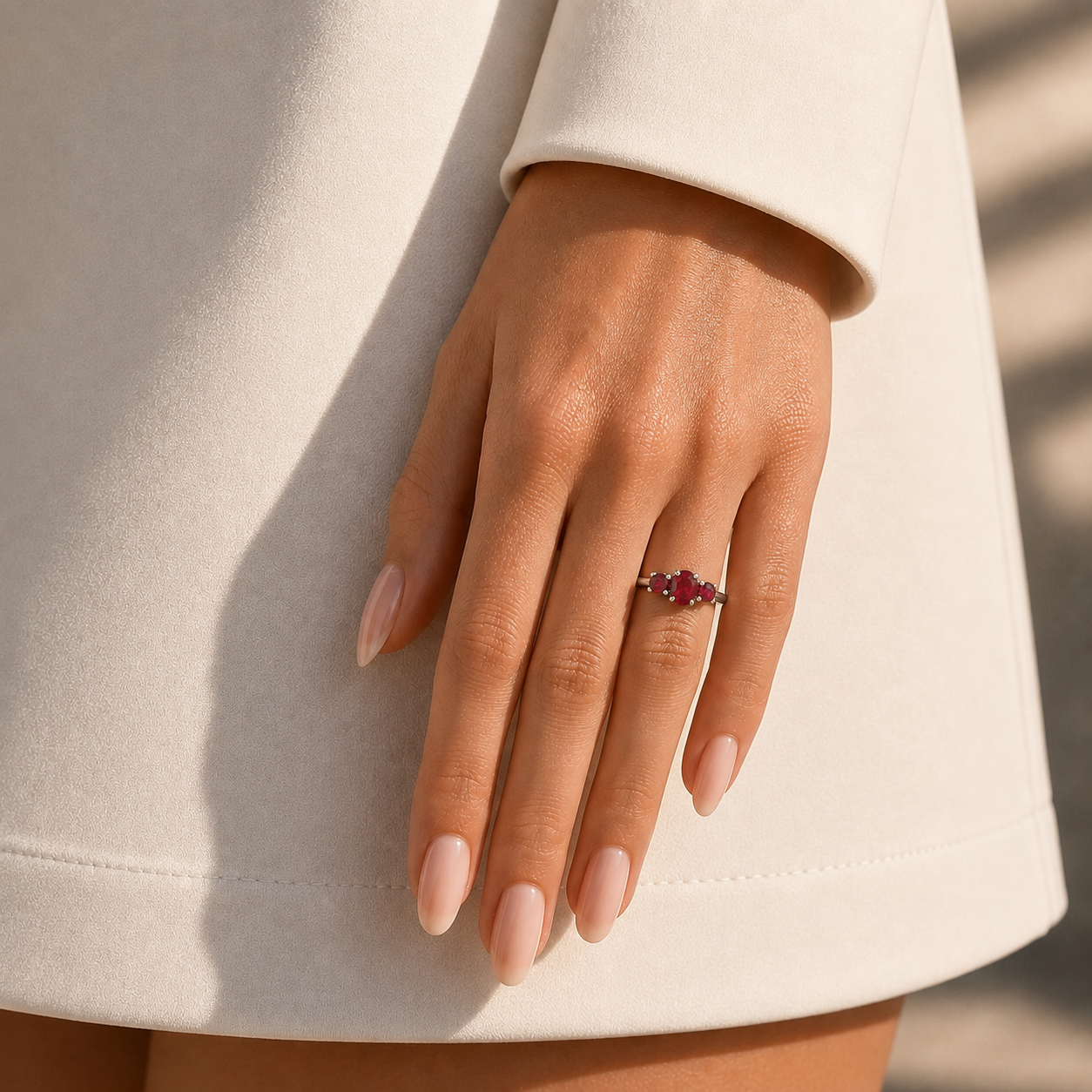 Boble Ruby Oval Three-Stone Ring in White Gold