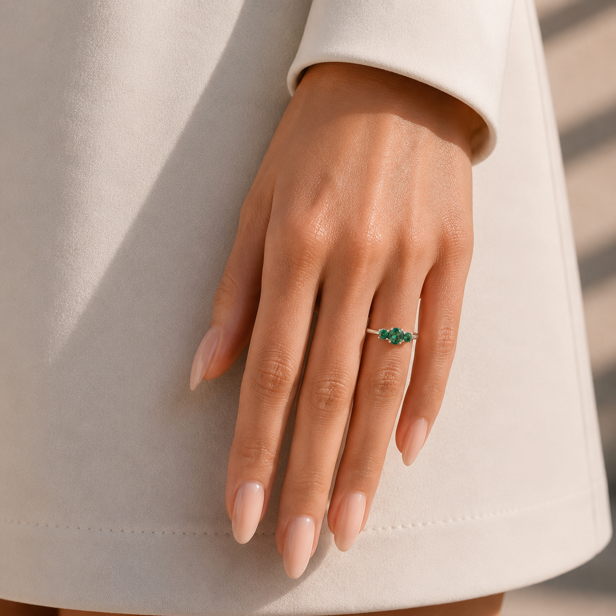 Boble Emerald Oval Three-Stone Ring in White Gold