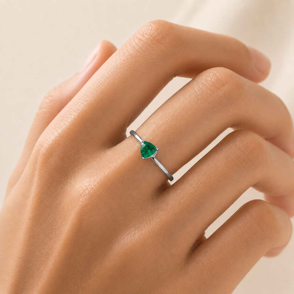 Trillion Emerald Solitaire Ring in White Gold