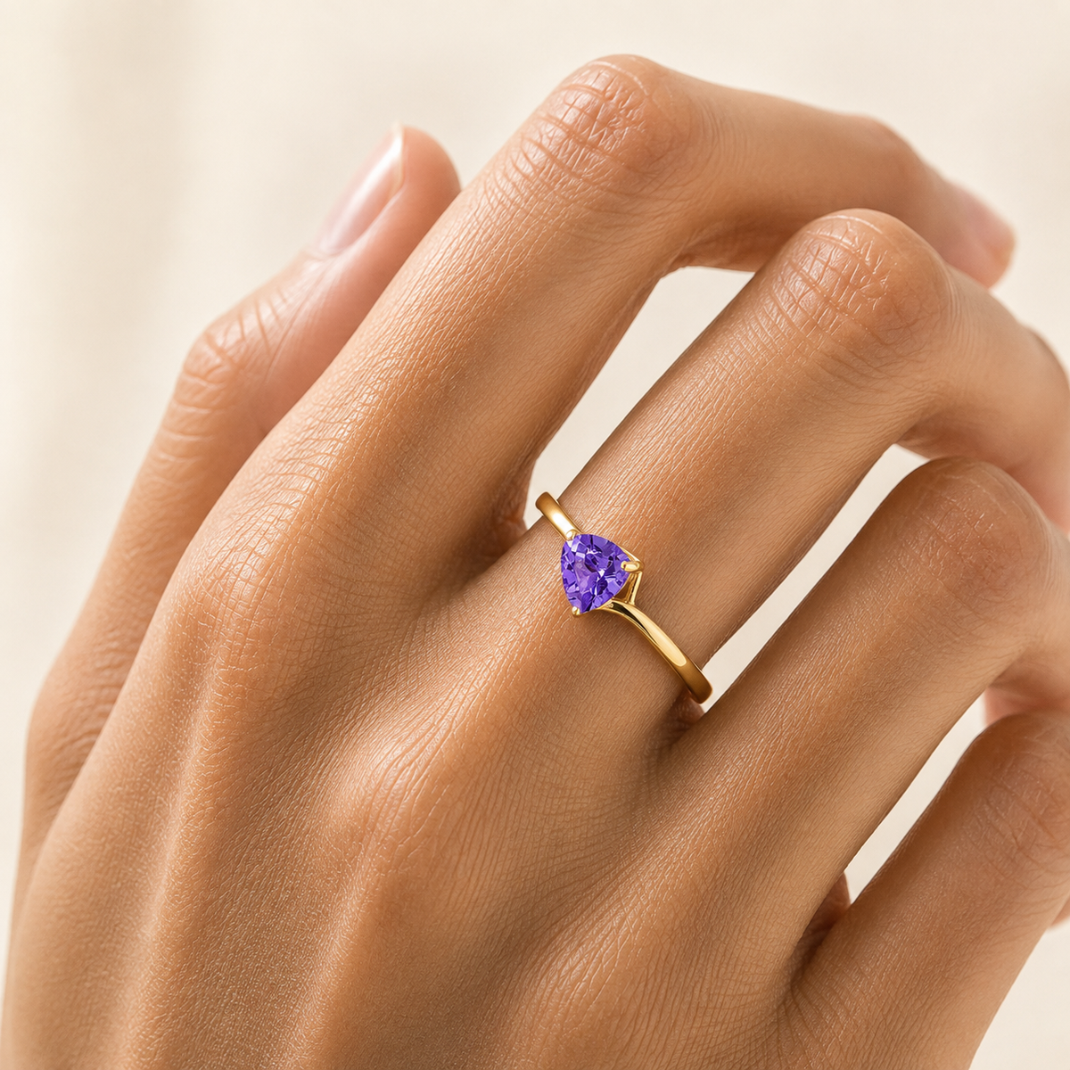 Trillion Purple Sapphire Solitaire Ring in Gold