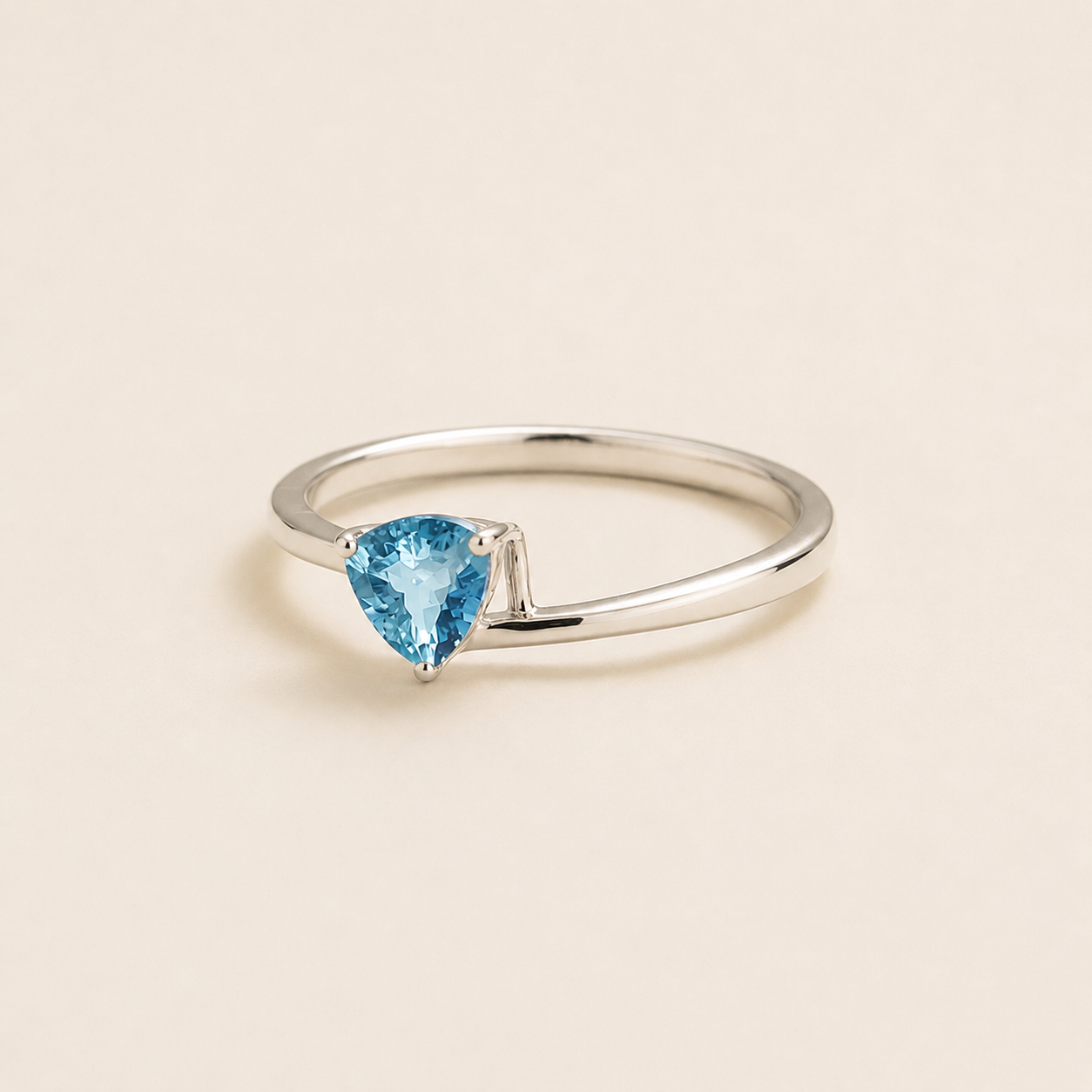 Trillion Aquamarine Solitaire Ring in White Gold Angle View