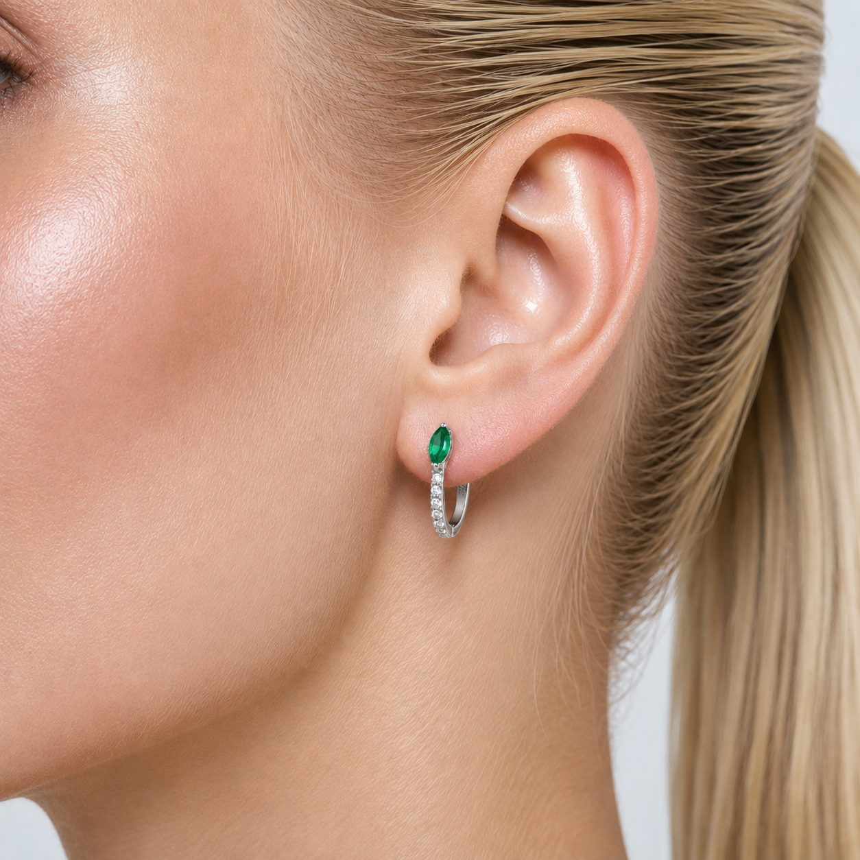 Sava Marquise Emerald & Diamond Huggie Hoop Earrings in White Gold