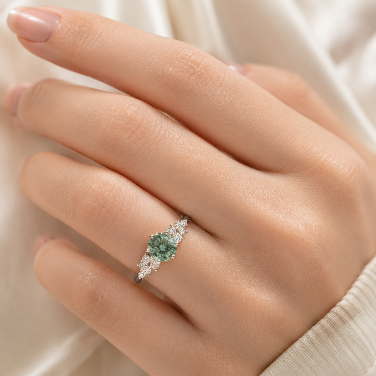Floret Green Sapphire Round & Diamond Cluster Ring in White Gold