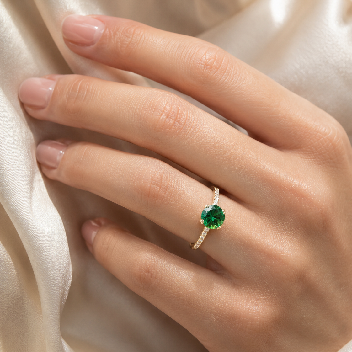 Soli Emerald Round & Diamond Pavé Ring in White Gold – lifestyle