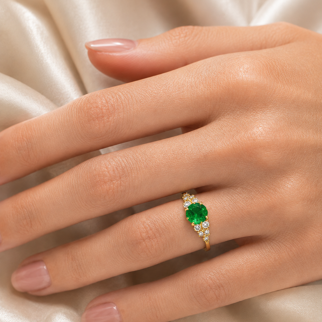 Floret Emerald Round & Diamond Cluster Ring in Gold
