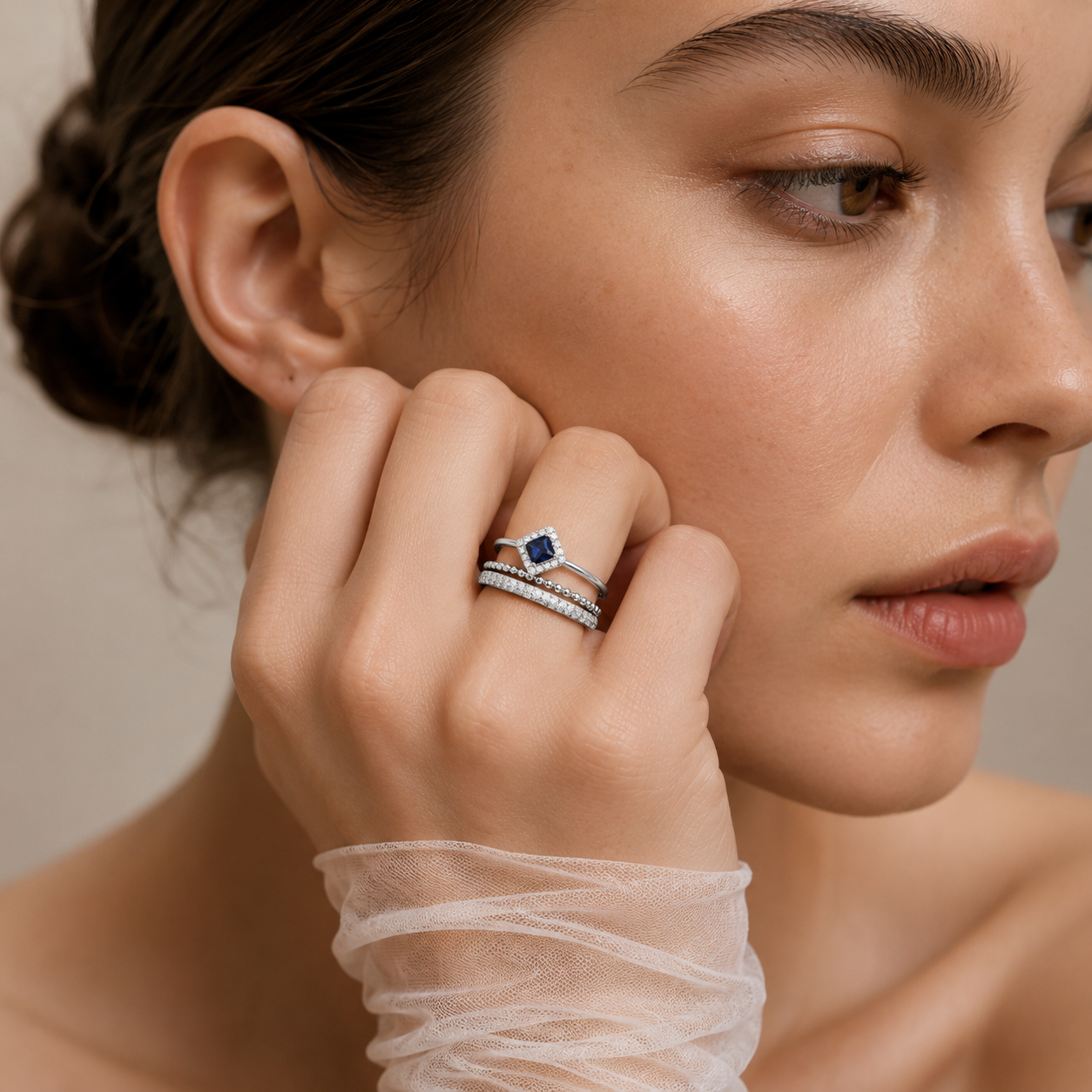 Amici Blue Sapphire & Diamond Stacking Ring in White Gold