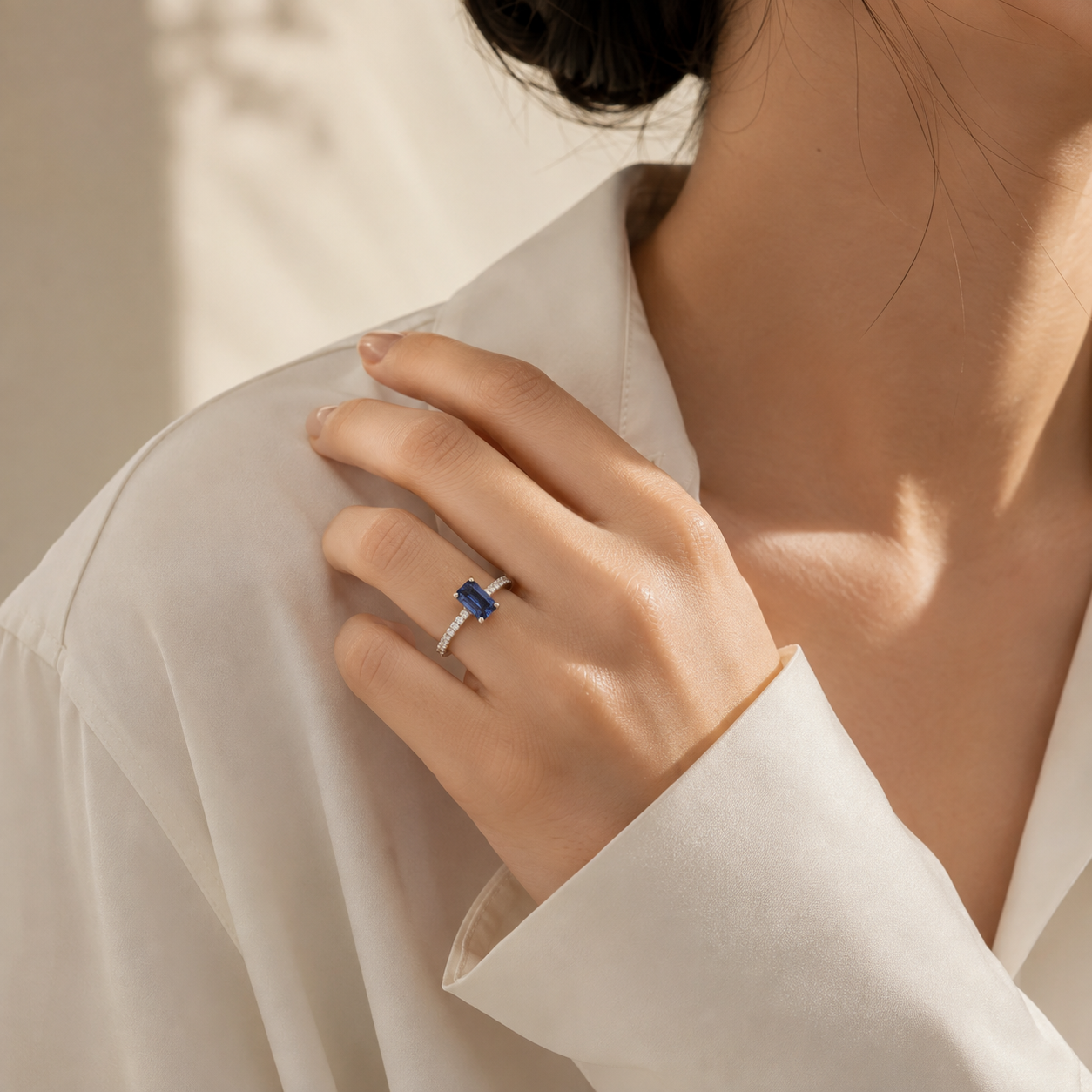 Chelle Blue Sapphire Emerald-Cut & Diamond Solitaire Pavé Ring in White Gold