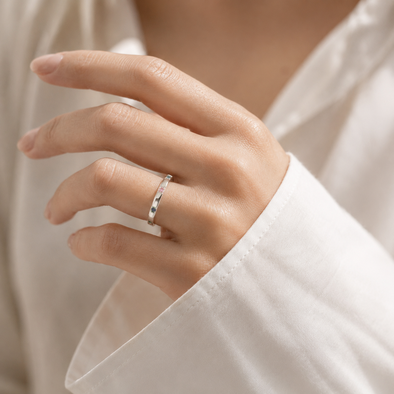 Balans Ruby, Blue Sapphire, Emerald & Pink Sapphire Station Band Ring in White Gold