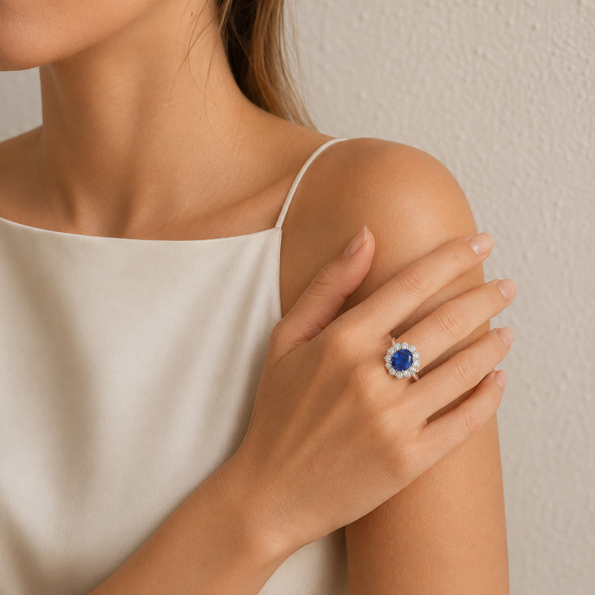 Oda Blue Sapphire Oval & Diamond Halo Ring In White Gold