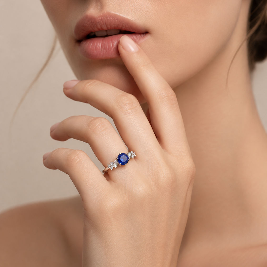 Floret Blue Sapphire Round & Diamond Cluster Ring in White Gold