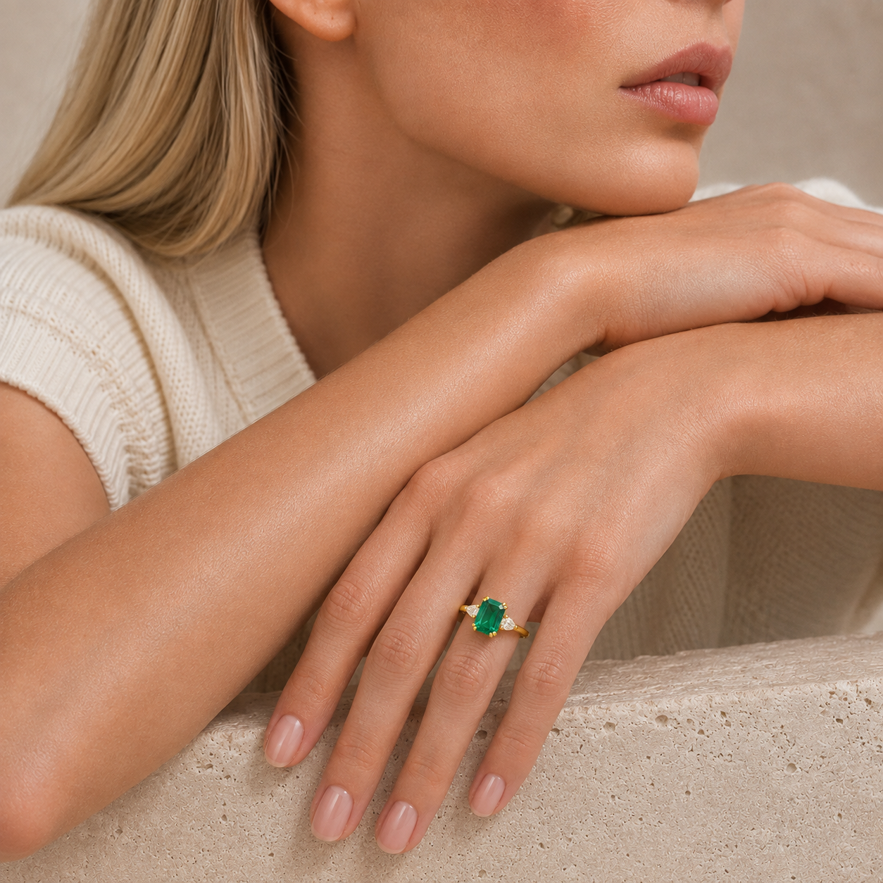 Ailes Emerald Emerald-Cut Ring with Pear Side Diamonds in Gold
