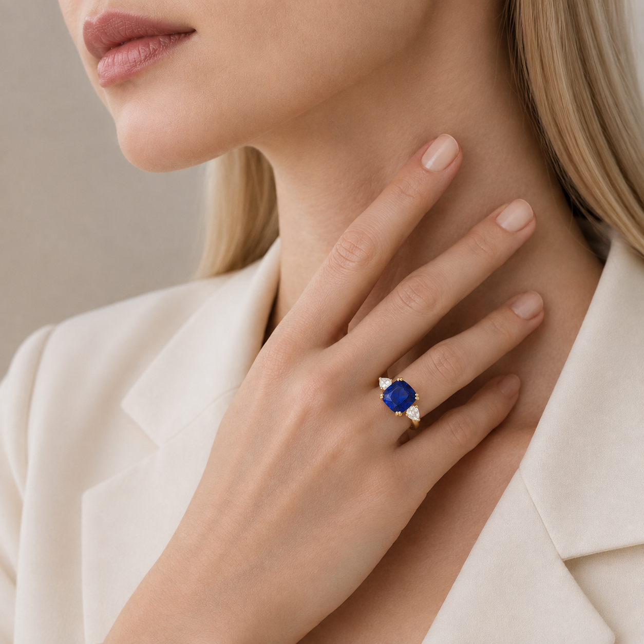 Roue Blue Sapphire Cushion Cut & Diamond Pear Cut Gold Ring