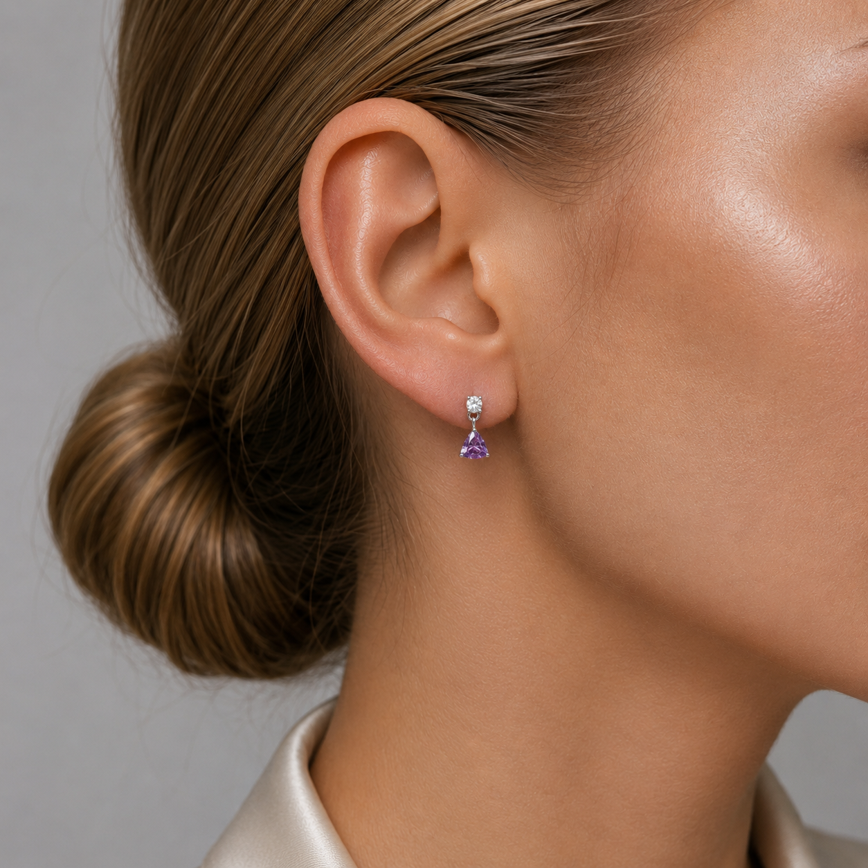 Trillion Purple Sapphire & Diamond Drop Earrings in White Gold