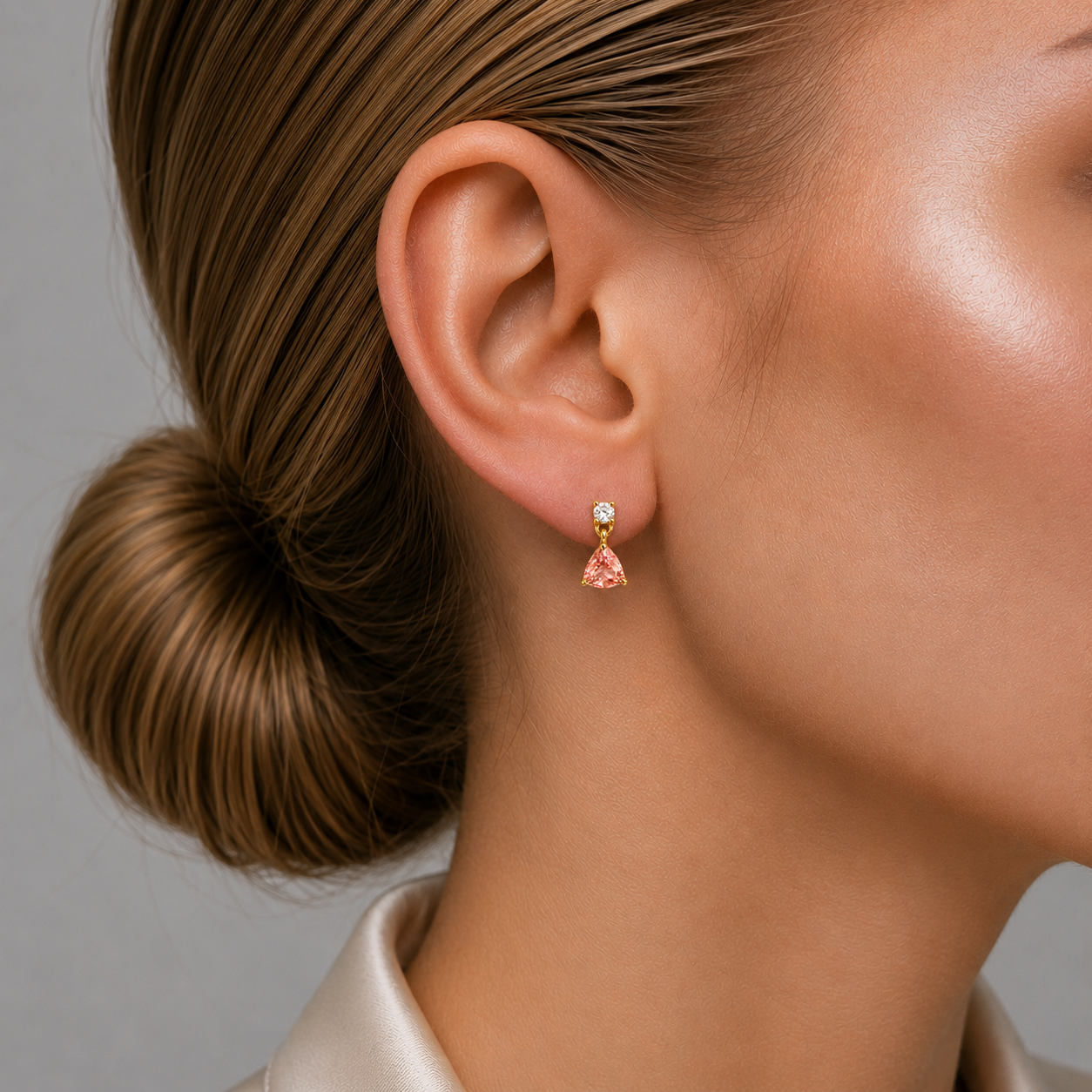 Trillion Padparadscha Sapphire & Diamond Drop Earrings in Gold