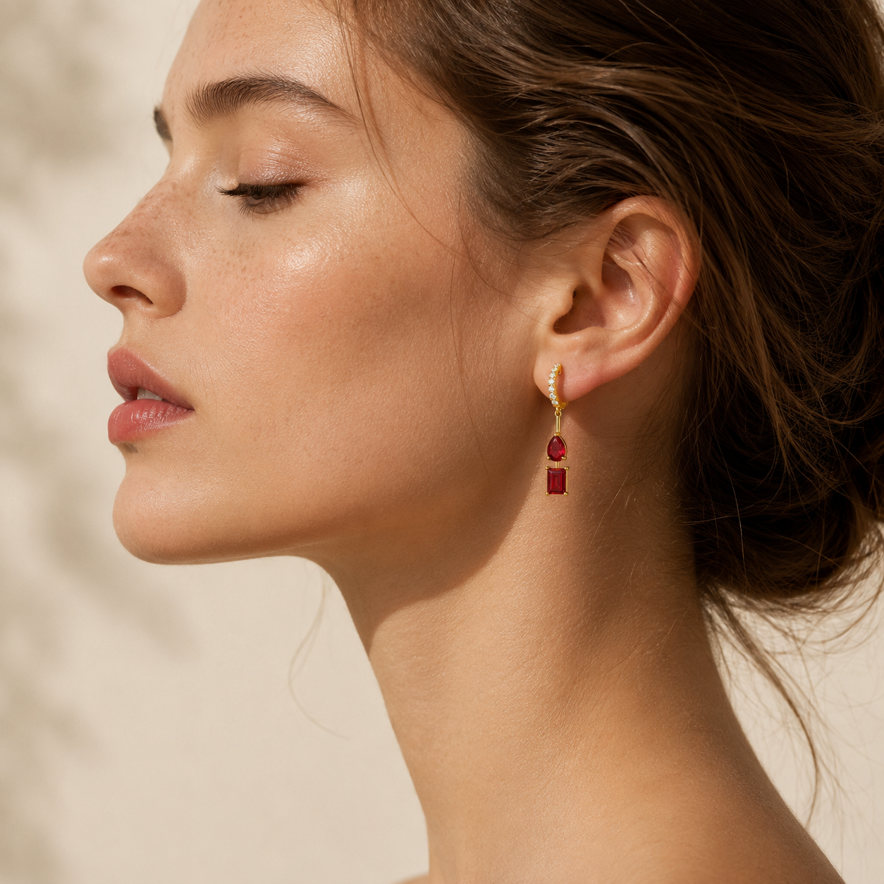 Faire Ruby & Diamond Pavé Drop Huggie Hoop Earrings in Gold