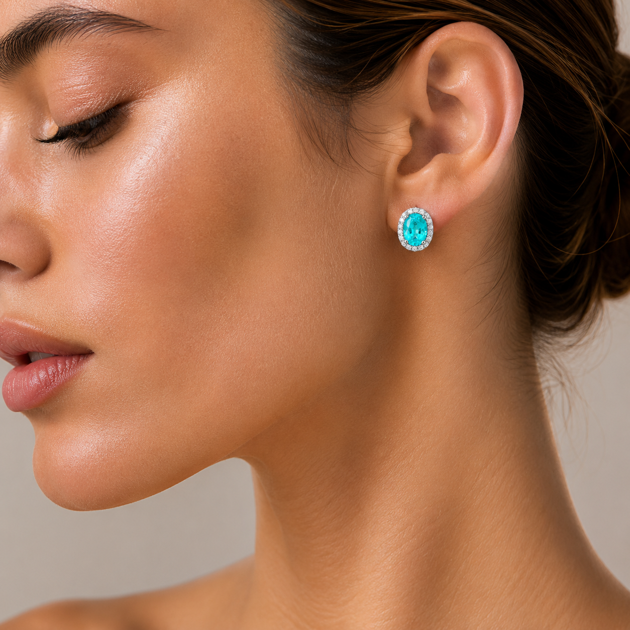 Mina Oval Paraiba & Diamond Halo Earrings In White Gold