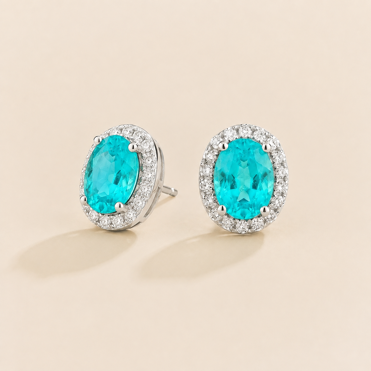 Mina Oval Paraiba & Diamond Halo Earrings In White Gold Angle View
