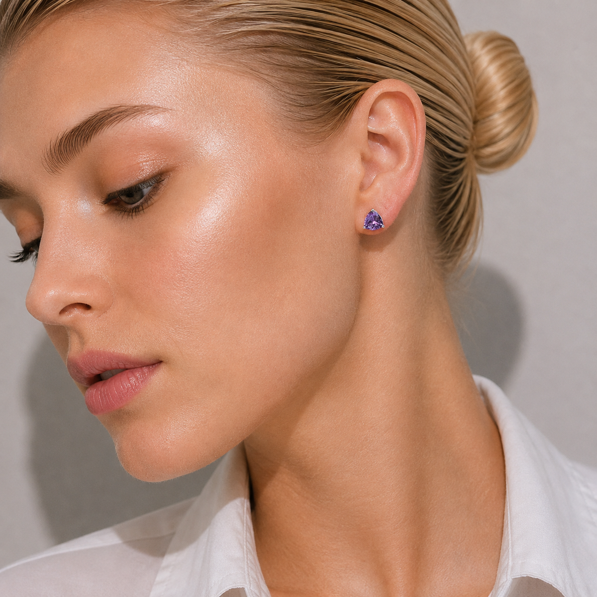 Trillion Purple Sapphire Solitaire Stud Earrings in White Gold