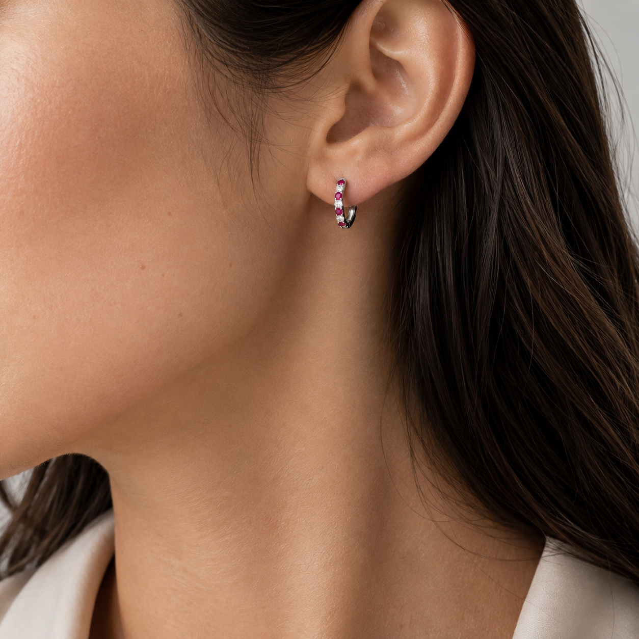 Stacy Ruby & Diamond Huggie Hoop Earrings in White Gold