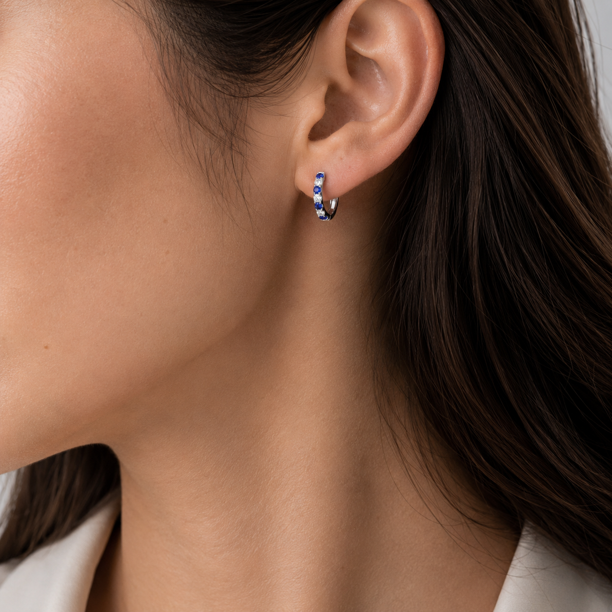 Stacy Blue Sapphire & Diamond Huggie Hoop Earrings in White Gold