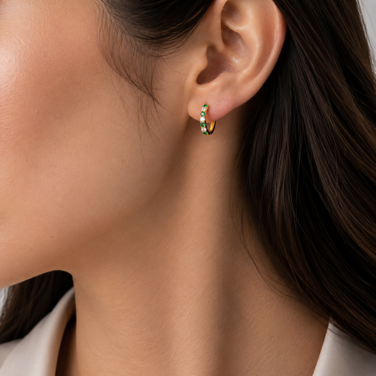 Stacy Emerald & Diamond Huggie Hoop Earrings in Gold
