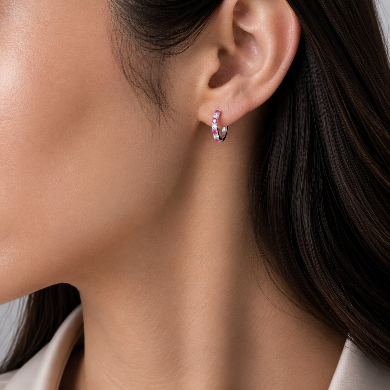 Stacy Vivid Pink Sapphire & Diamond Huggie Hoop Earrings in White Gold