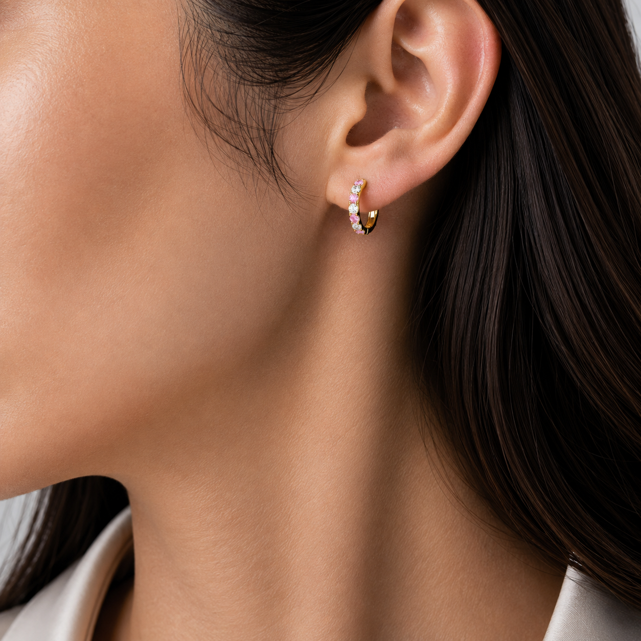 Stacy Pastel Pink Sapphire & Diamond Huggie Hoop Earrings in Gold