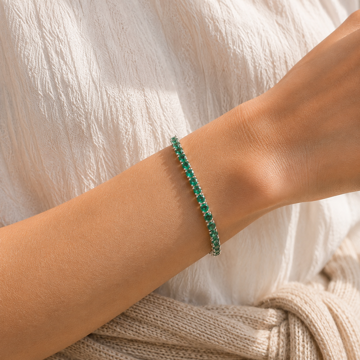 Stacy Emerald Round Tennis Bracelet in White Gold