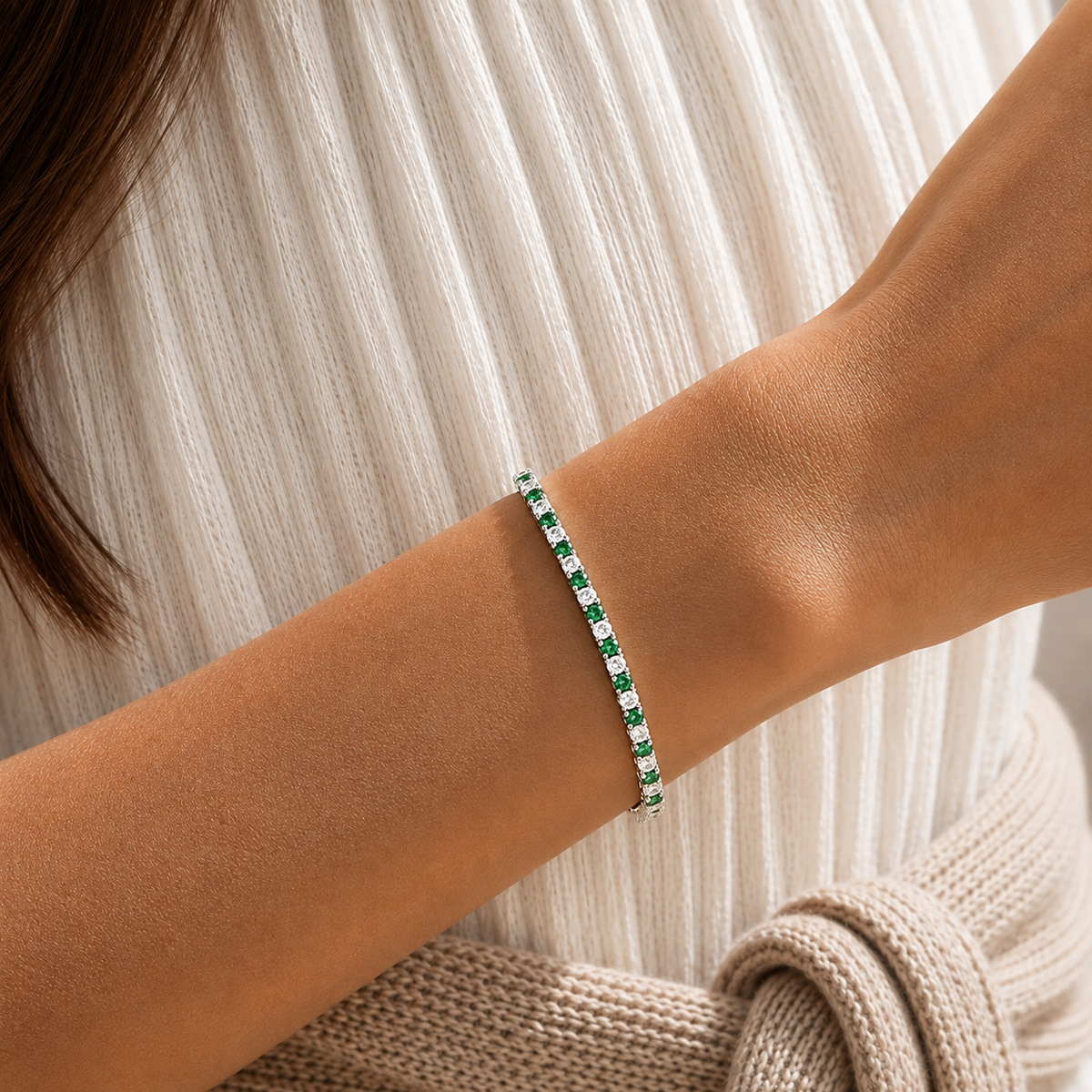 Stacy Emerald & Diamond Round Tennis Bracelet in White Gold