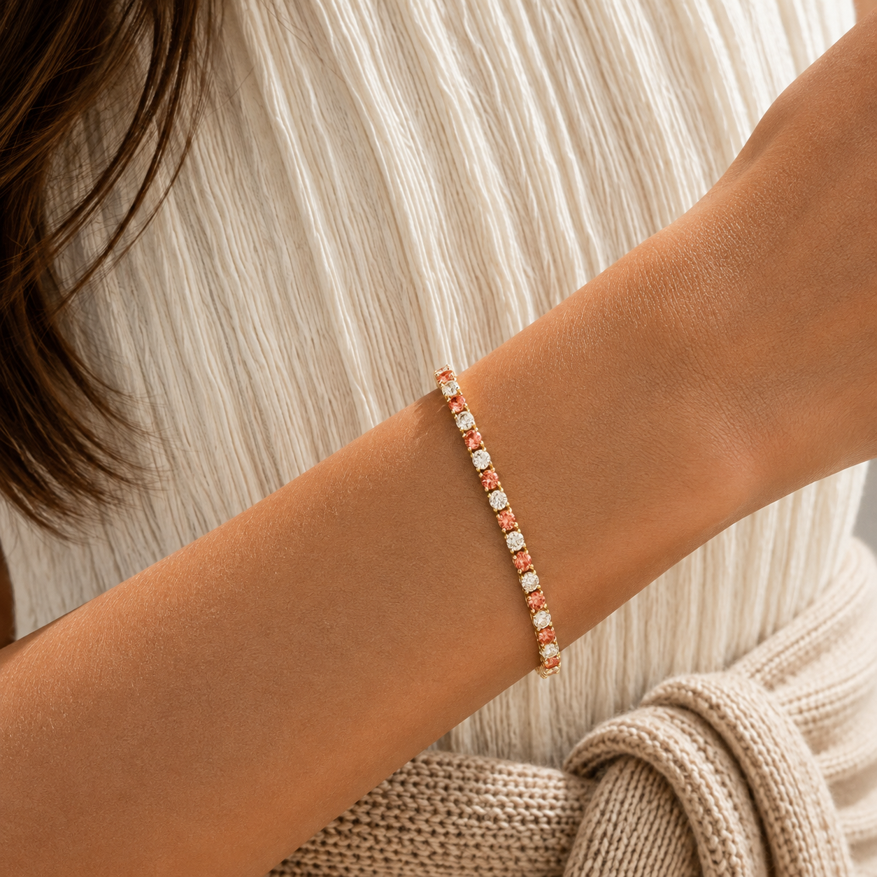 Stacy Padparadscha Sapphire & Diamond Round Tennis Bracelet in Gold