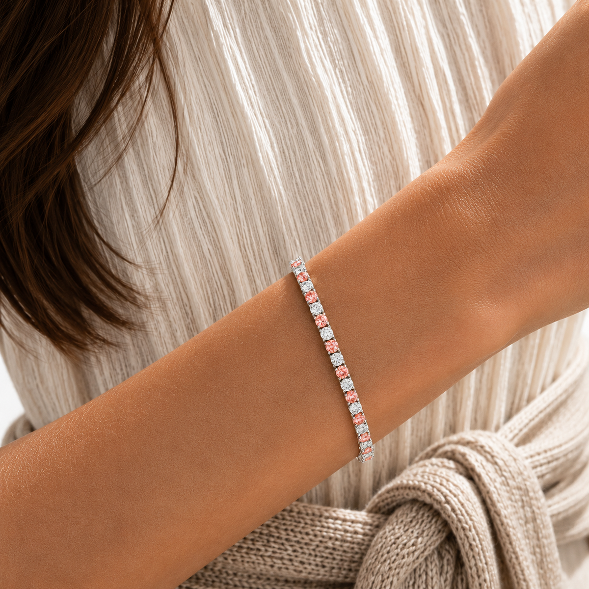 Stacy Padparadscha Sapphire & Diamond Round Tennis Bracelet in White Gold