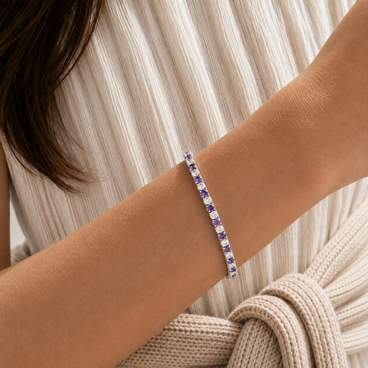 Stacy Purple Sapphire & Diamond Round Tennis Bracelet in White Gold