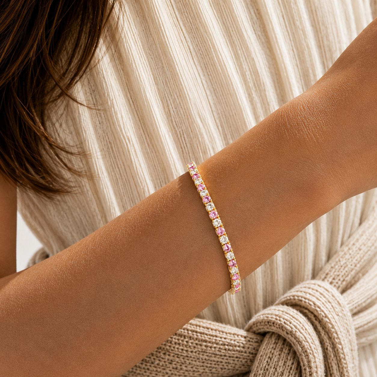 Stacy Pink Sapphire & Diamond Round Tennis Bracelet in Gold