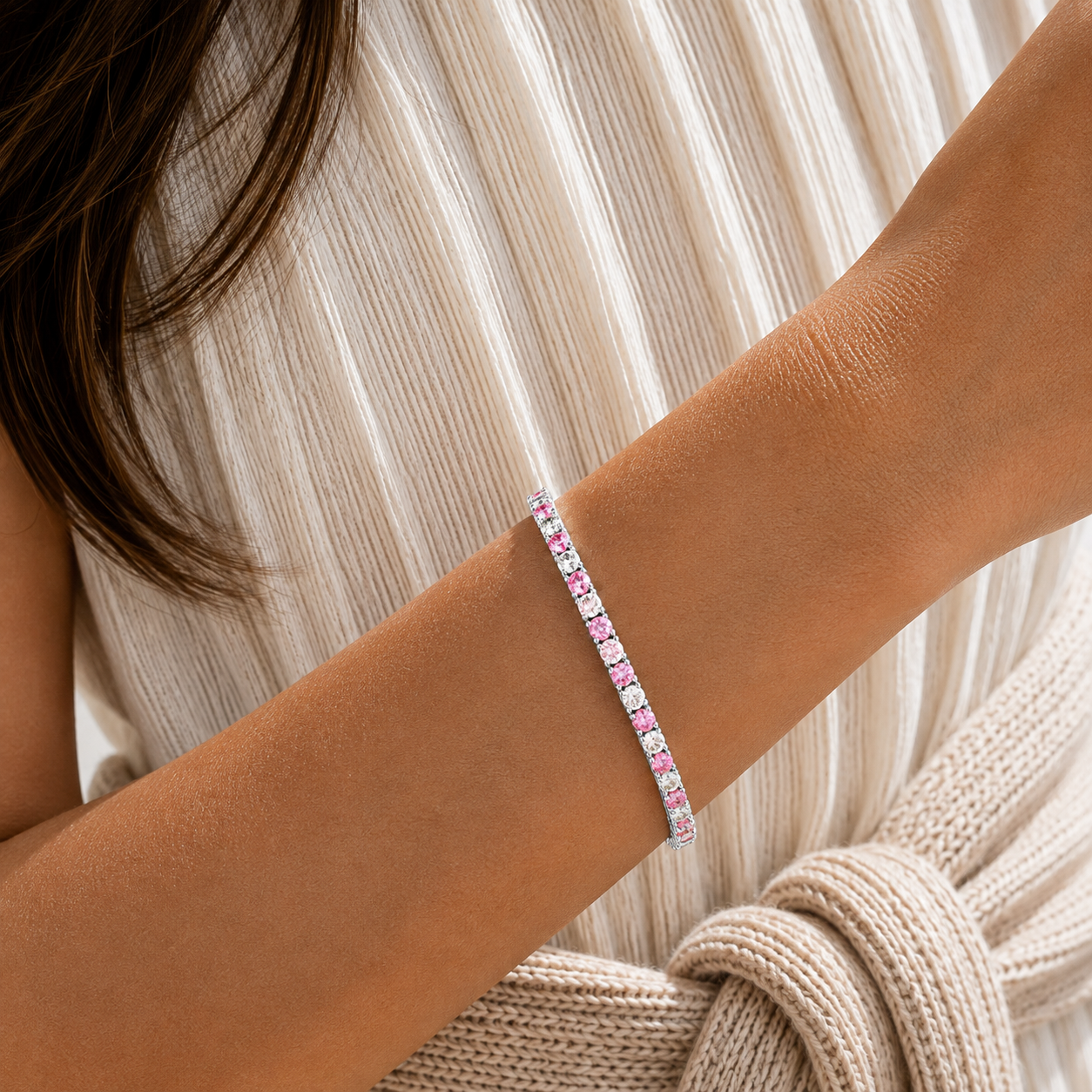 Stacy Pink Sapphire & Diamond Round Tennis Bracelet in White Gold