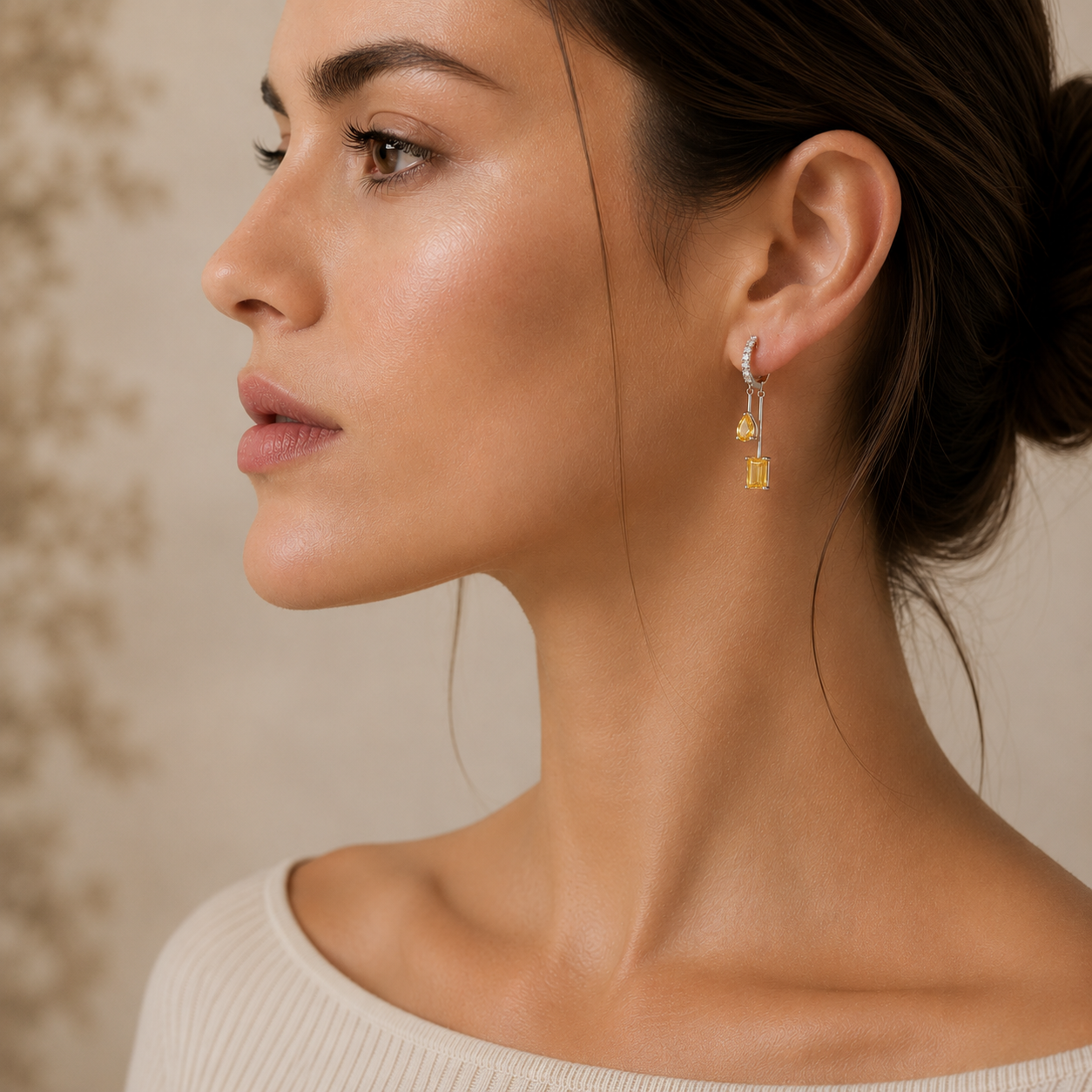 Faire Yellow Sapphire & Diamond Pavé Drop Huggie Hoop Earrings in White Gold